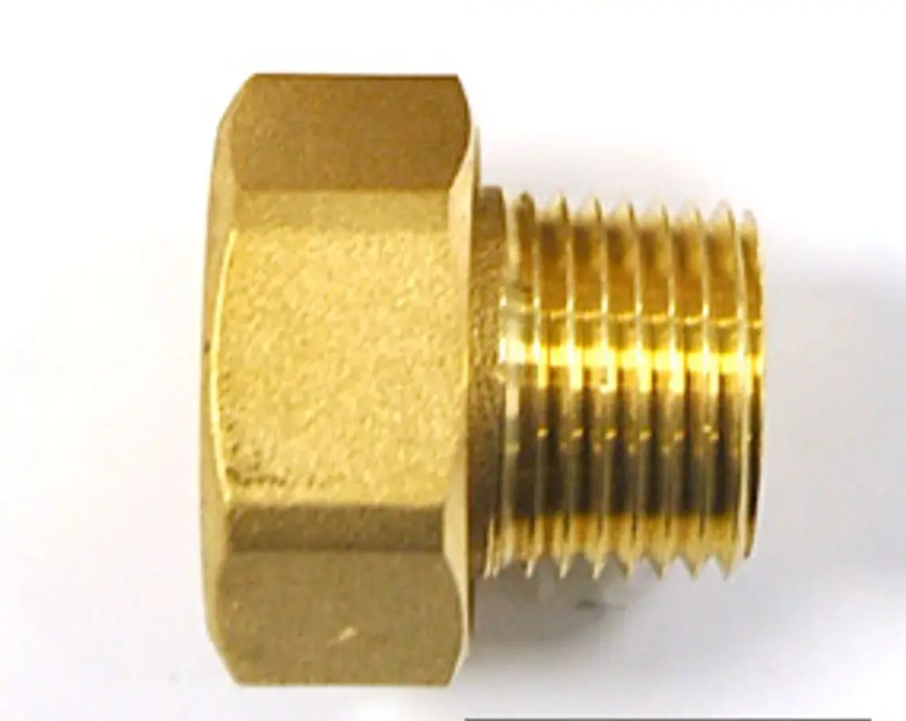 Messing-Schraubanschluss mit Außengewinde, geeignet für die Verwendung mit Danfoss Produkten. Klar erkennbare Gewinde und sechseckige Form für den einfachen Anschluss.